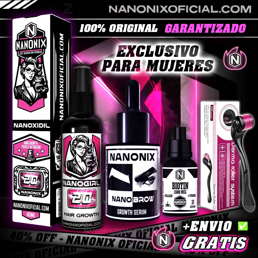 NANOXIDIL 20% + NANOBROW + BIOTINA + DERMAROLLER (Exclusivo para Mujeres)